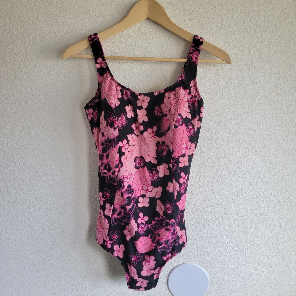 Vintage T.H.E. One Piece Swimsuit Bathing Suit Pink Black Floral Womens Size 14